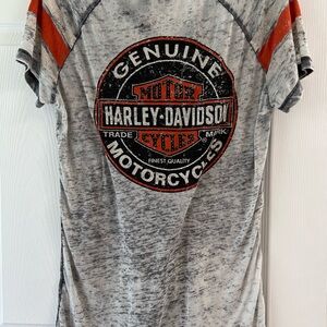 Harley Davidson tshirt. Thin and soft. Excellent detail. Beautiful embellishment